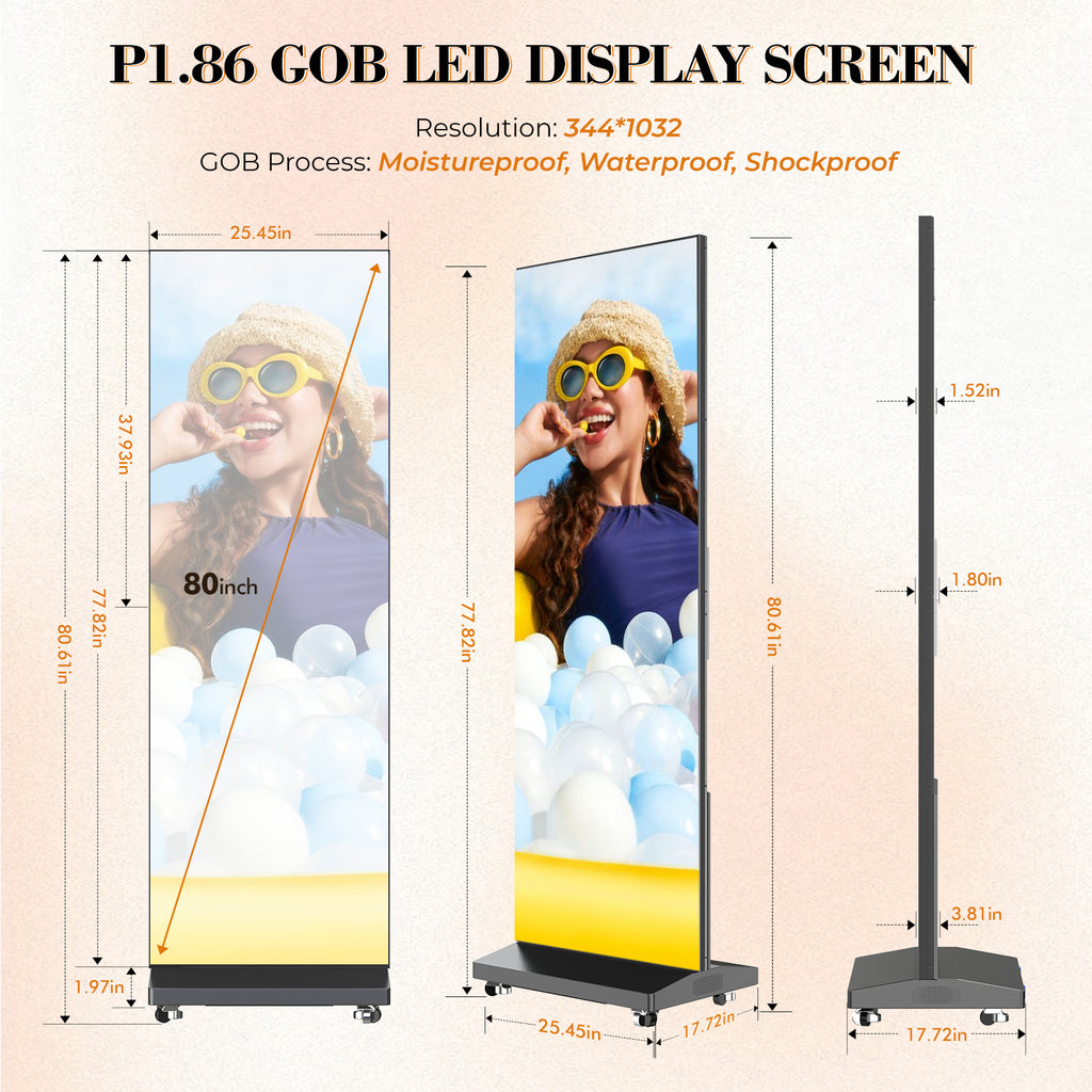 LED Digital Signage Display with Flight Case, P1.86 Spliceable LED Poster Screen with Publishing System, Foldable Advertising Display Kiosk for Events and Rentals, WiFi/USB/HDMI, Black