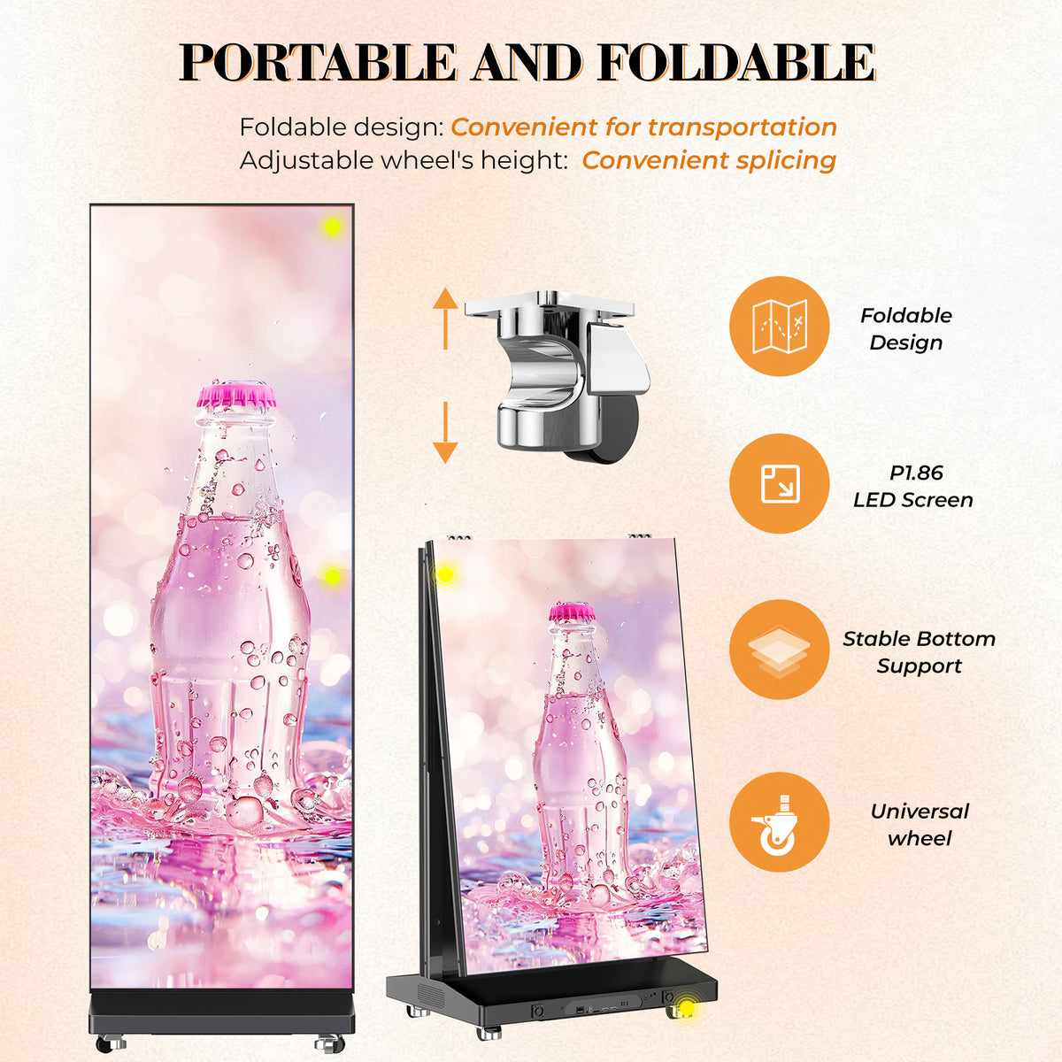 LED Digital Signage Display with Flight Case, P1.86 Spliceable LED Poster Screen with Publishing System, Foldable Advertising Display Kiosk for Events and Rentals, WiFi/USB/HDMI, Black