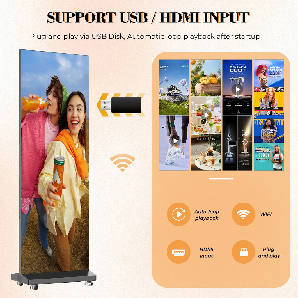 LED Digital Signage Display with Flight Case, P1.86 Spliceable LED Poster Screen with Publishing System, Foldable Advertising Display Kiosk for Events and Rentals, WiFi/USB/HDMI, Black