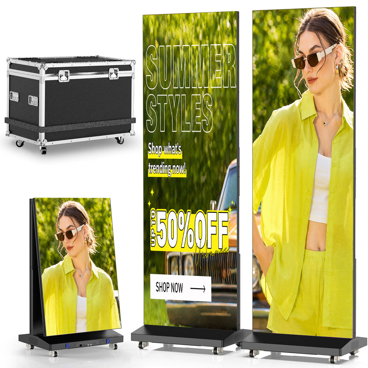 LED Digital Signage Display with Flight Case, P1.86 Spliceable LED Poster Screen with Publishing System, Foldable Advertising Display Kiosk for Events and Rentals, WiFi/USB/HDMI, Black