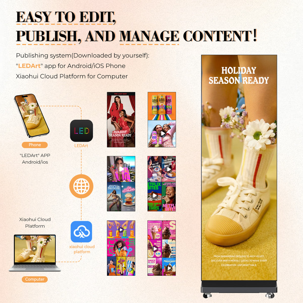 LED Digital Signage Display with Flight Case, P1.86 Spliceable LED Poster Screen with Publishing System, Foldable Advertising Display Kiosk for Events and Rentals, WiFi/USB/HDMI, Black