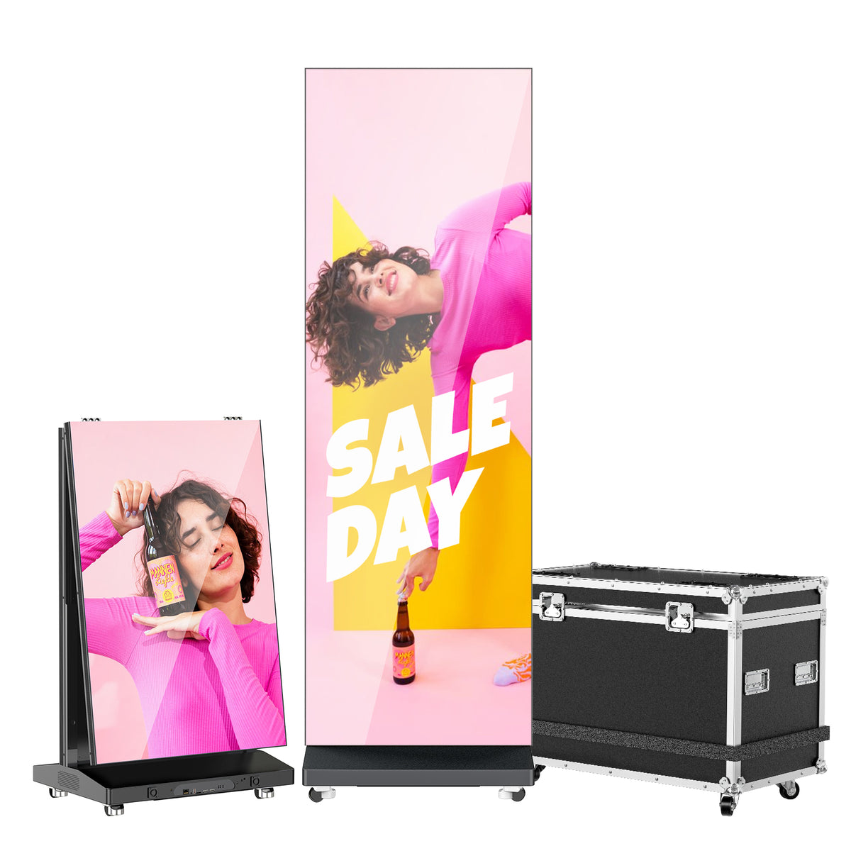 LED Digital Signage Display with Flight Case, P1.86 Spliceable LED Poster Screen with Publishing System, Foldable Advertising Display Kiosk for Events and Rentals, WiFi/USB/HDMI, Black